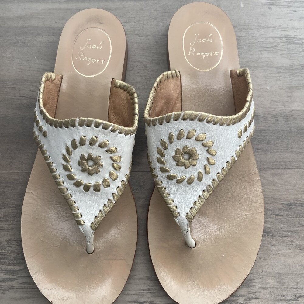 Jack Rogers Blair Thong Slip-On Leather Sandals in White and Gold Sz 8.5M